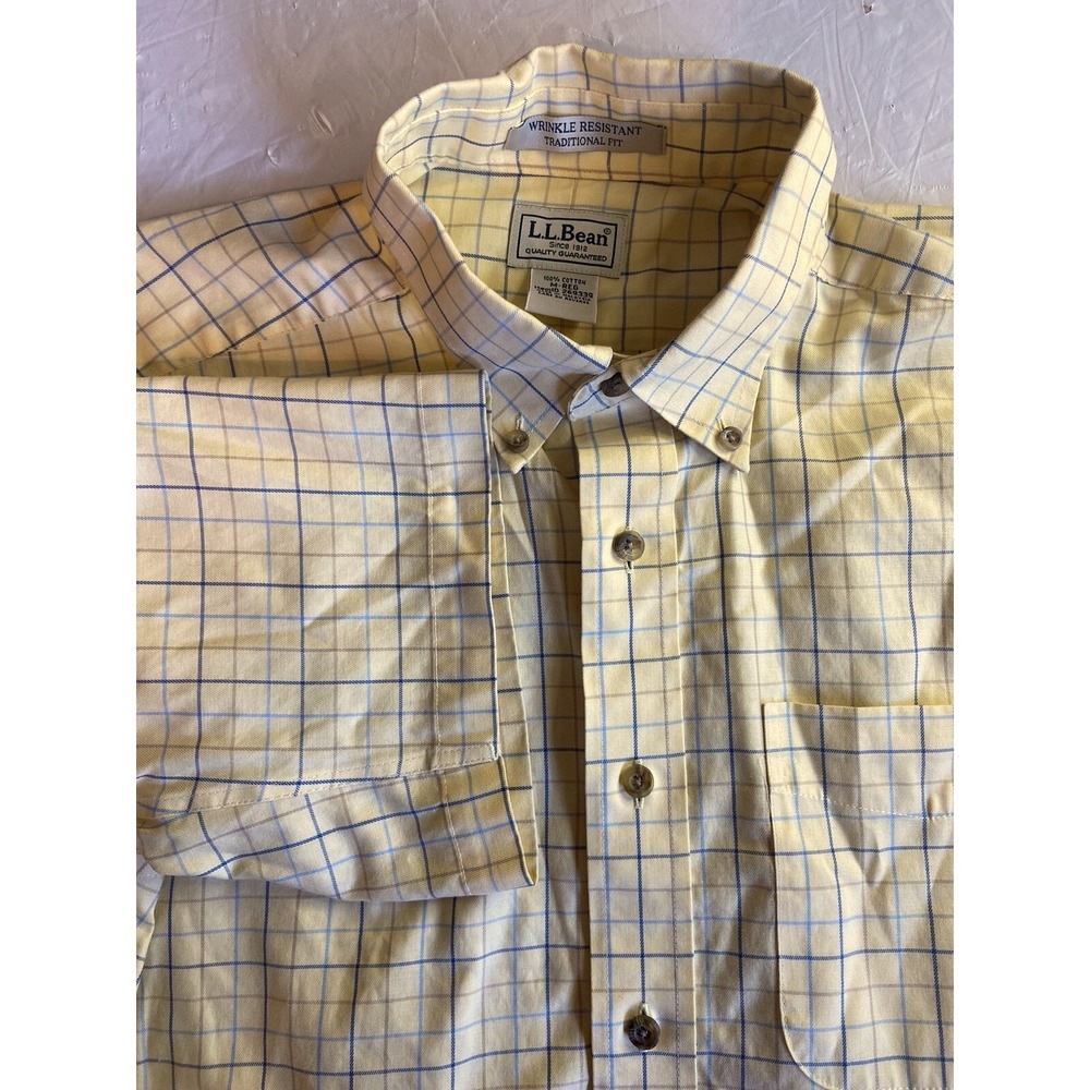 LL Bean Mens Yellow Tattersall Check Short Sleeve Button Down Shirt M Reg Cotton